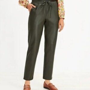 LOFT Dark Green Caper Slim Pull on Leather Pants Tie Waist